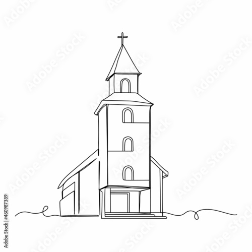 Continuous one line drawing of architecture church religion concept icon in silhouette on a white background. Linear stylized.