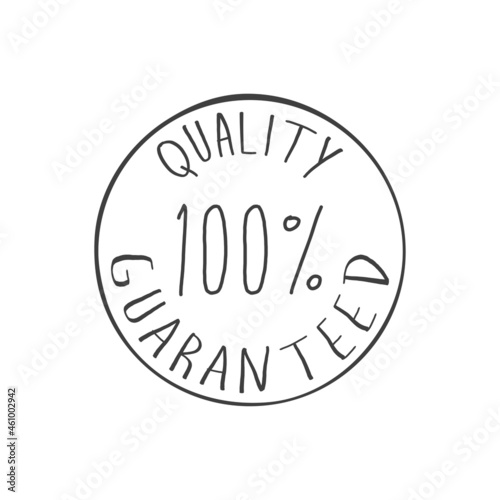 Banner con frase Quality Guaranteed 100 por ciento manuscrito en círculo en color gris