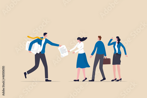 Work delegation, manager distribute work assignment to team member colleagues, assign tasks, job or project to staff responsibility concept, businessman manager delegate project assignment to team.