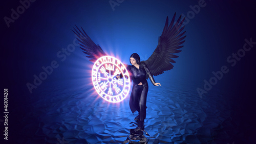 3d illustration dark angel activates the runic chakra