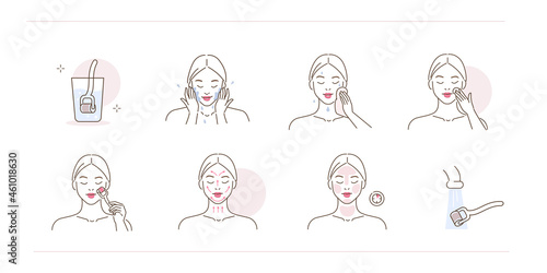 Beauty girl take care of her face and doing mesotherapy procedure at home. Instruction how to use derma roller with microneedles. Flat line vector illustration and icons set.