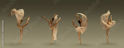 Collage of portraits of one young beautiful female ballet dancer dancing with fabric, cloth isolated on grey background.