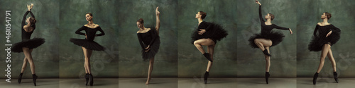 Collage made of images one beautiful ballerina in black stage costume, tutu dancing isolated on dark vintage background.