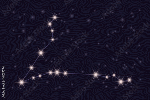 Zodiac constellation Pisces on the background of the starry sky. Constellation of Pisces on a textured background of a starry night. Astrological zodiac on the background of space. Popular astronomy.