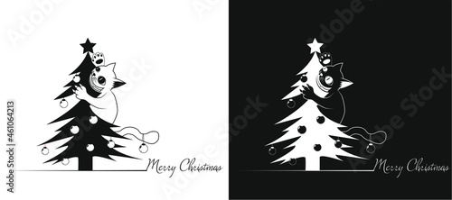 The Bad Cat on the Christmas tree is stealing the star. Black and White Version