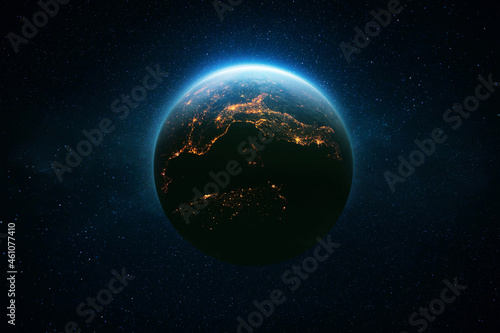 Amazing beautiful blue planet Earth with bright night city lights in starry space. Life Concept. Civilization. Space Wallpaper.