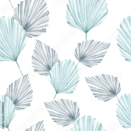Hand drawn boho blue floral seamless pattern watercolor of tropical palm leaves. Beautiful winter botanical background