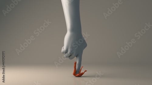 a huge hand push a small red person down with a finger and presses him to the floor 3d illustration with deep meaning in calm gray warm colors