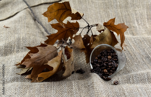 Rozsypane ziarna kawy i suche jesienne liście.