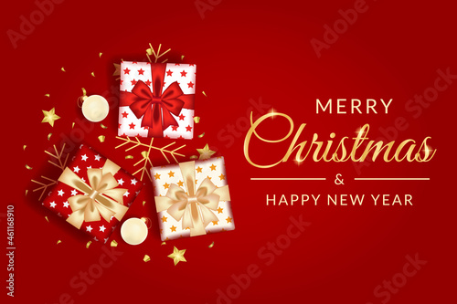 merry christmas and happy new year greeting card with realistic red decoration