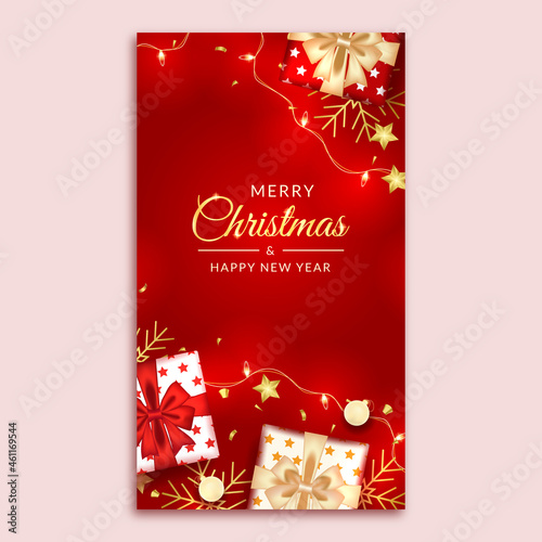 merry christmas and happy new year social media story with realistic red decoration
