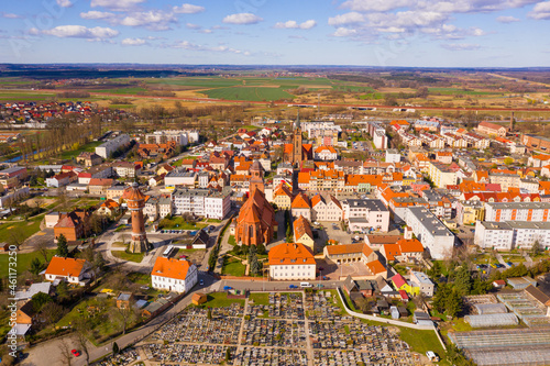 View from drone of Zmigrod townscape on sunny spring day, Lower Silesia Province, Poland