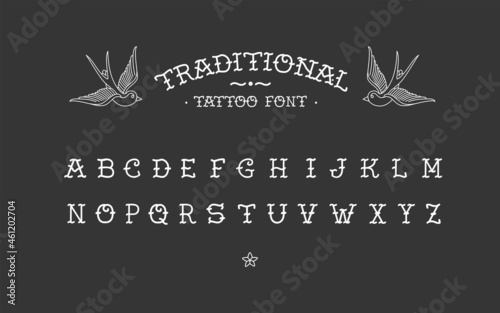 Old School tattoo vintage doodle type font vector template. Traditional retro and rock style font. Tattoo Alphabet