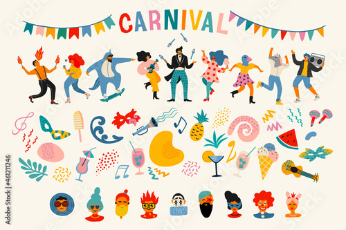 Carnival. Vector set. People in carnival costumes, faces, masks, symbols, abstract forms
