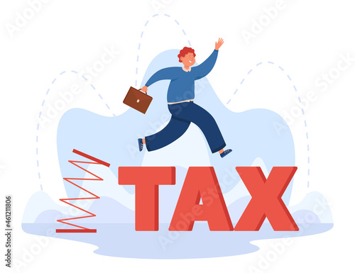 Businessman jumping from flexible spring. Happy entrepreneur enjoying opportunity of zero tax burden, developing business flat vector illustration. Tax exemption for business development concept