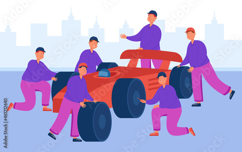 Racing car on pit stop with service team of people. Male engineers and technical workers in uniform changing wheels, tires flat vector illustration. Auto maintenance, repair service on race concept