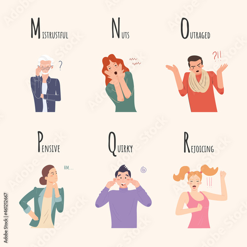 Alphabet of Emotions. Set of characters who are mistrustful, nuts, outraged, pensive, quirky, rejoicing.