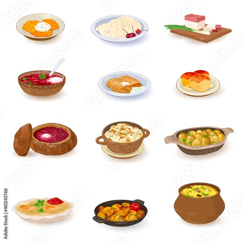 Collection of ukrainian dishes, homemade food, tasty and fresh served in plates and pot. Vector meals from oven, ethnic foods design. Isolated on white background