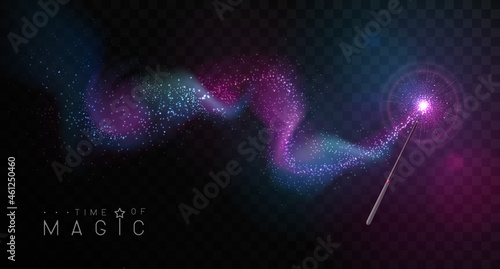 Magic wand with pink and blue glowing shiny trail. Isolated on black transparent background. Vector illustration