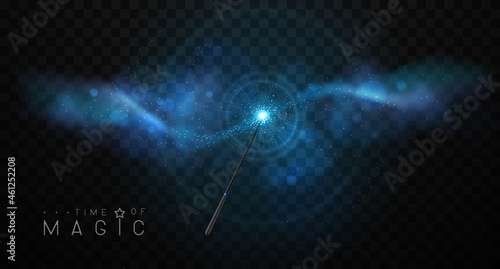 Magic wand with blue glowing shiny trail. Isolated on black transparent background. Vector illustration