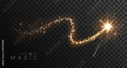 Magic wand with golden glowing shiny trail. Isolated on black transparent background. Vector illustration