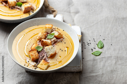 lentil cream soup with croutons and cumin