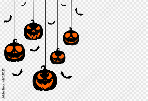 Halloween party background with scary pumpkin face,bats,hanging from top isolated on png or transparent texture,template for poster, brochure, promotion,sale marketing vector illustration