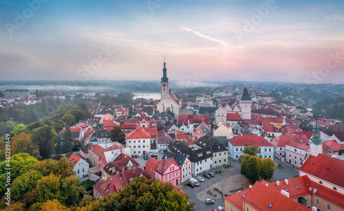 Tabor, Czechia. Aerial view of historic old town on sunrise