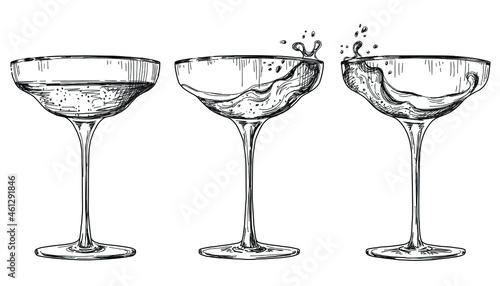 Sketch glass of champagne set on white background. Vintage drink illustration.