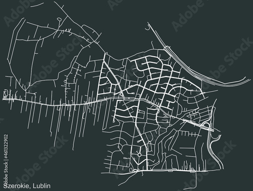 Detailed negative navigation urban street roads map on dark gray background of the quarter Szerokie district of the Polish regional capital city of Lublin, Poland