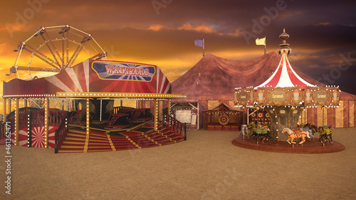 3D rendering of a carnival fairground with Carousel and Waltzer rides, a Ferris Wheel and a circus big tent in the background.