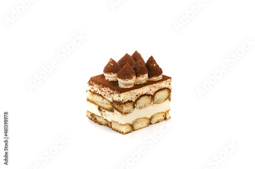 Freshly baked delicious tiramisu isolated on a white background