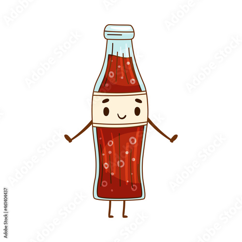 Happy funny smiling glass soda drink bottle cartoon character vector illustration
