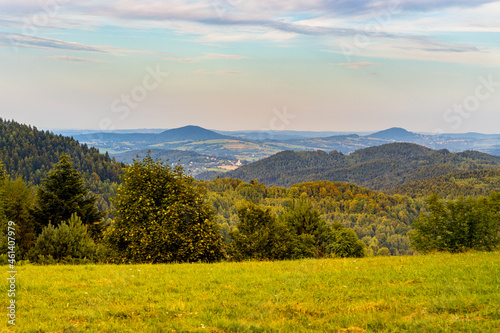 Panoramic view of Beskidy Mountains seen from path to Potrojna peak from Targanice village on northern slope of Little Beskids in Lesser Poland