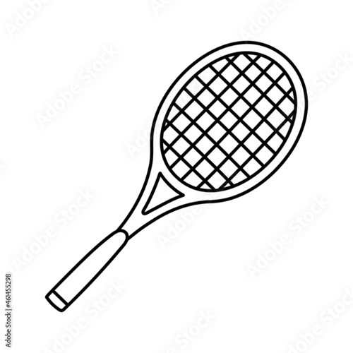 Tennis racquet. Badminton. Sport equipment line sketch. Hand drawn doodle outline icon. Vector black and white freehand fitness illustration