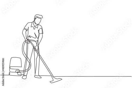 Single one line drawing male professional busy janitor vacuum cleaning indoors, floor office cleaning, young, happy, wearing uniform, protective gloves. Continuous line draw design vector illustration