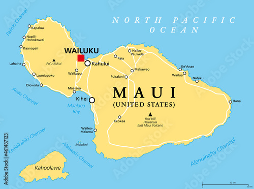 Maui, Hawaii, political map with capital Wailuku. Part of Hawaiian Islands and Hawaii, a state of the United States in the North Pacific Ocean. With unpopulated island Kahoolawe. Illustration. Vector.