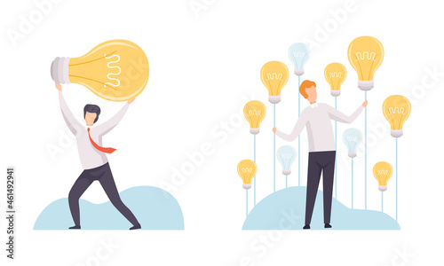 Creative Idea Searching with Business Man with Huge Light Bulb Vector Set