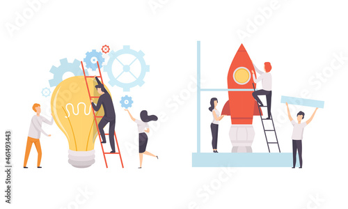 Office Colleague Working Together Launching Rocket and Climbing Up Light Bulb Vector Set