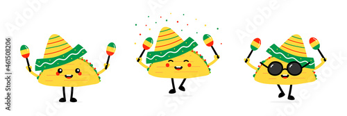Set, collection of cute cartoon style taco characters dancing with maracas and wearing sombrero for Cinco de mayo and other mexican holidays. 