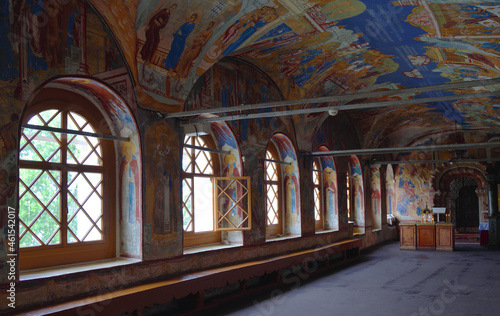 Passage with ancient paintings of Resurrection Cathedral of 17th century on right bank of Volga river in Tutayev, Yaroslavl region, Russia