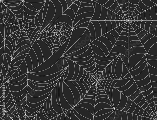 Halloween spider web background, scary cobweb decoration elements. Spooky spider webs silhouette, horror theme party vector backdrop. Sticky hanging net for gothic fearful holiday event