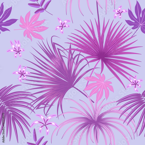 Seamless pattern of pink tropical leaves of palm tree and flowers. Botany vector background