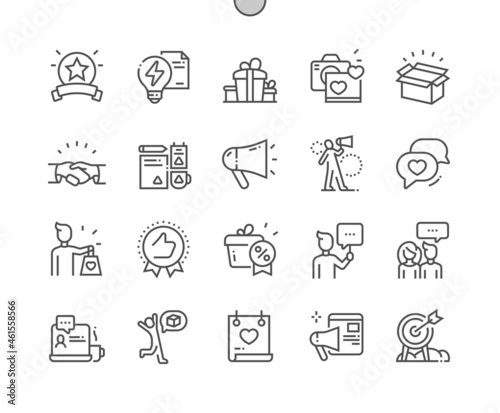 Brand ambassador. Product and promotion. Internet advertising. People reviews. Pixel Perfect Vector Thin Line Icons. Simple Minimal Pictogram