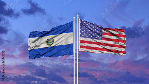 Waving American flag and flag of El Salvador.