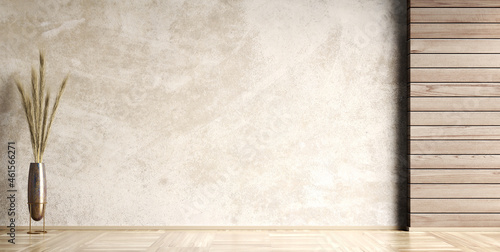 Interior background of room with wooden paneling and beige stucco wall with copy space, pot with grass 3d rendering