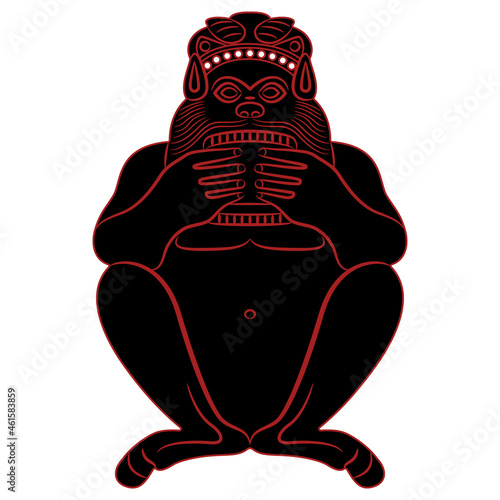 Squatting ancient Greek god Pan playing flute. Satyr or Silenus. Monochrome black and red silhouette.
