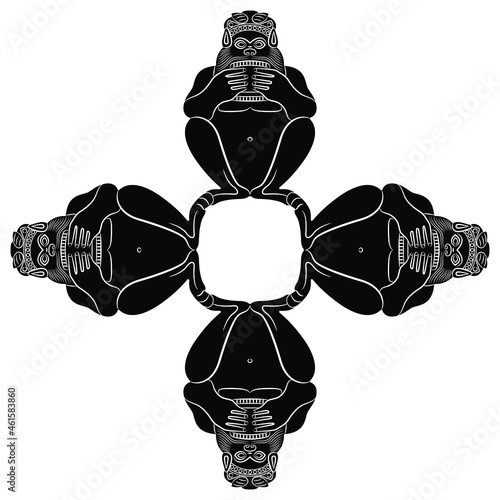 Ethnic cross frame with four squatting ancient Greek satyrs. God Pan or Silenus playing flute. Black and white negative silhouette.