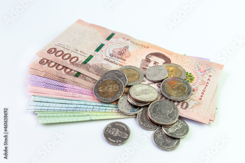 money banknote thai baht on white background, savings money and financial business concept