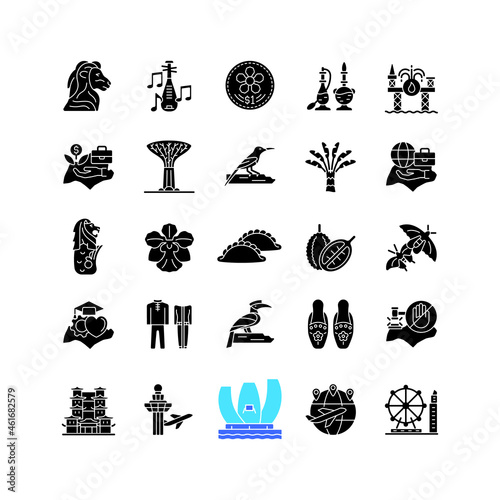 Singapore national symbols black glyph icons set on white space. Tourist attractions. Living in Singapore. Flora and fauna. Popular street food. Silhouette symbols. Vector isolated illustration